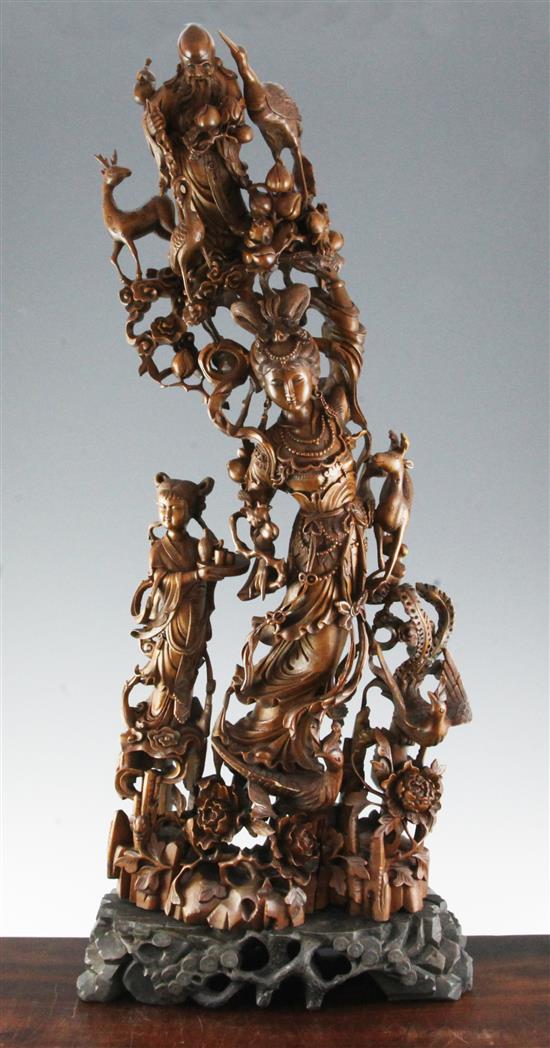 A large Chinese boxwood group of immortals, 20th century, total height 84cm